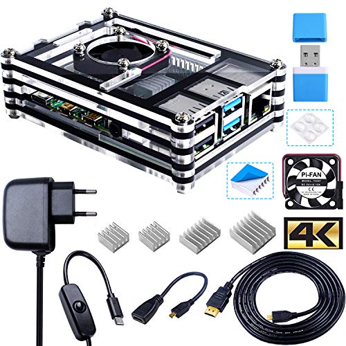 Bruphny Caja Kit para Raspberry Pi 4 con Ventilador, 5V 3A USB-C Cargador, 4 x Disipador, 1.8M Micro-HDMI Cable, USB Lector de Tarjetas, HDMI-Micro HDMI Adapter para Raspberry Pi 4 Modelo B Bruphny Caja Kit para Raspberry Pi 4 con Ventilador, 5V 3A USB-C Cargador, 4 x Disipador, 1.8M Micro-HDMI Cable, USB Lector de Tarjetas, HDMI-Micro HDMI Adapter para Raspberry Pi 4 Modelo B