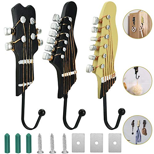 BUZIFU Ganchos Decorativos para Pared, 3 Colgadores en Forma de Guitarra, Ganchos para Colgar Llave Paraguas y Ropa, Percheros de Pared Originales, para Decorar Tu Cuarto Salón Entrada o Donde Sea