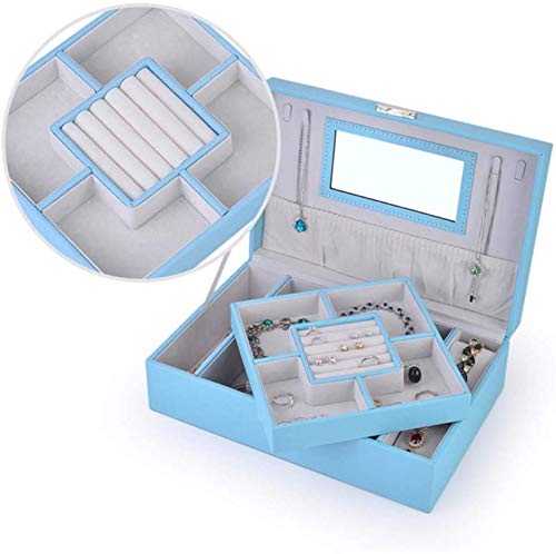 Caja de madera hecha a mano con llave oculta y ext Joyero para mujeres, organizador de joyería de doble capa con caja de joyería de bloqueo para pendientes Anillos de pulseras (azul claro) Hermoso rom