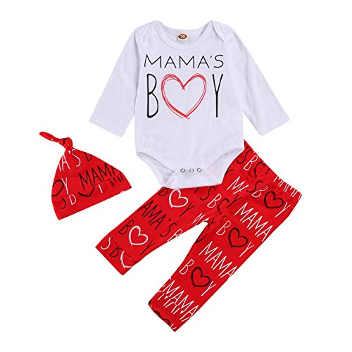 Carolilly - Conjunto de ropa infantil unisex de 3 piezas para San Valentín, pantalón y body de manga larga con corazón y corazón impreso rojo niño 12-18 meses