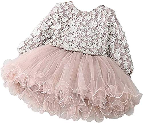 Carolilly - Vestido de bebé para niña, con costuras de hilo de punto, a la moda, fresca, pétalos tridimensionales, cuello redondo, para niña, manga larga Rosa 3 años Carolilly - Vestido de bebé para niña, con costuras de hilo de punto, a la moda, fresca, pétalos tridimensionales, cuello redondo, para niña, manga larga Rosa 3 años