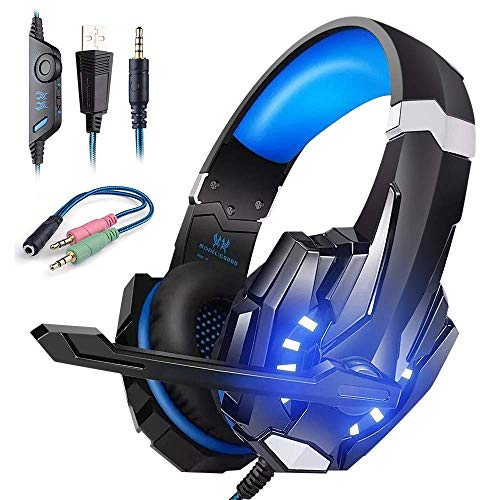 Cascos Gaming Ps4 con Micrófono Auriculares Gaming para PC Xbox One, Sonido Envolvente, LED Cascos Gamer PS4 con Microfono Cancelación de Ruido Diadema 3.5mm Jack para Switch Playstation 4 Laptop