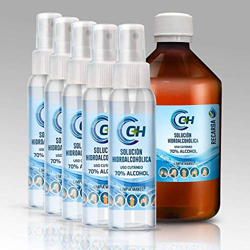 C+H Solución hidroalcohólica uso cutáneo | 5 unidades Spray 100ml y 1 unidad de 500ml para recargar | Desinfección en spray para manos y otras superficies. | 100% VEGETAL(Sin derivados del petróleo).