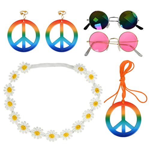 CJMM 5PCS Accesorios Disfraz Fiesta Hippie, Disfraz Hippie para Ropa de Los Años 70, 80 y 90, Collar de Signo de la Paz, Corona de Flores, Diadema, Gafas de Sol Hippie, Pendientes