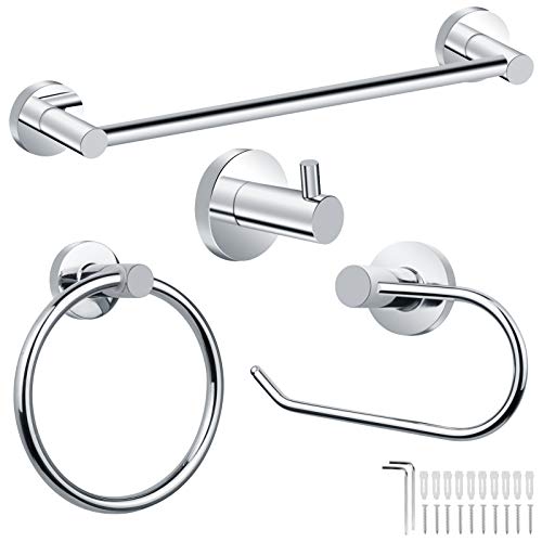 Conjunto Accesorios de Baño 4 Piezas, Toalleros Portarrollos Baño Toallero Accesorios Baño Ganchos Toallero de Anilla, Accesorios de Baño Cocina Plata Acero Inoxidable