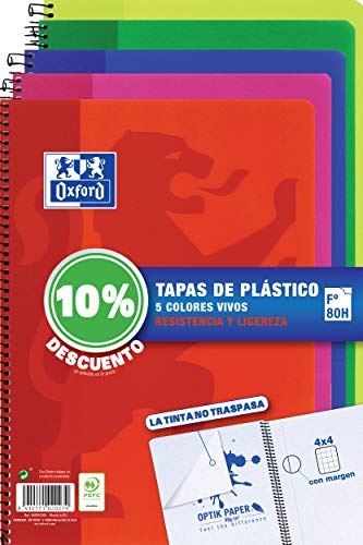 Cuadernos Folio(A4) Oxford. Pack 5 unidades. Tapa Plástico. 80 Hojas cuadrícula 4x4. Surtido colores vivos. Cuadernos Folio(A4) Oxford. Pack 5 unidades. Tapa Plástico. 80 Hojas cuadrícula 4x4. Surtido colores vivos.