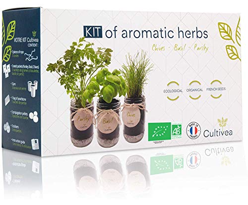 Cultivea Kit completo de hierbas - Kit completo de hierbas - Cultiva tus propias hierbas aromáticas - 100% ecológicas: semillas orgánicas (Cebollino, Albahaca, Perejil)