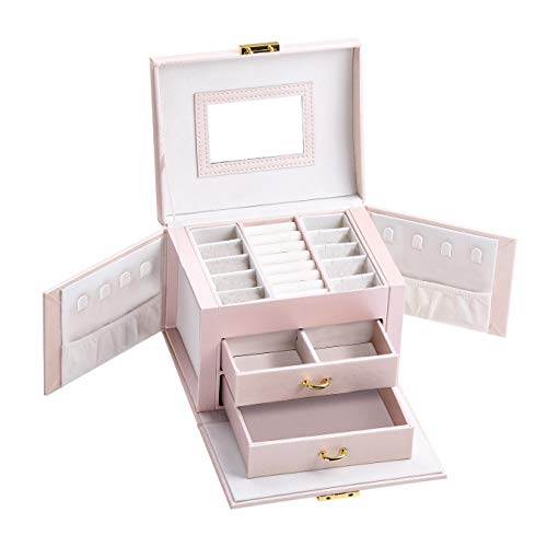 Delgeo Caja para Joyas Pendientes Pulseras Anillos, Caja Joyero con Espejo y Cajones, Cajas para Joyas Regalo, Organizador Joyero con Cerradura - Rosado