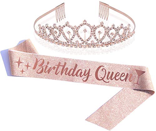 Diadema de oro rosa con purpurina para cumpleaños, corona con diamantes de imitación, diadema con peine, color oro rosa, ideal para decoración de fiestas de cumpleaños, regalos para niñas y mujeres