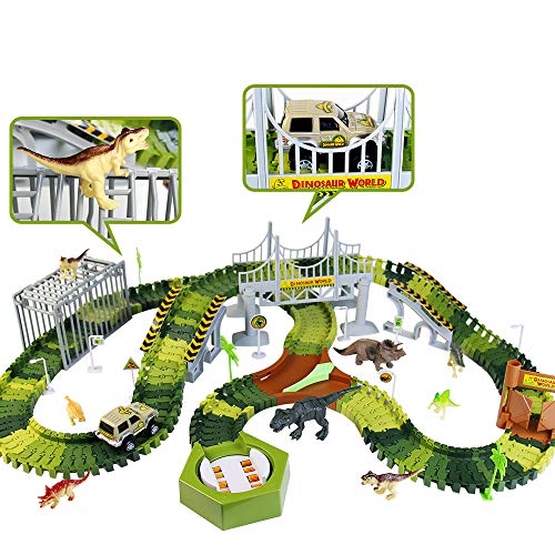 Dinosaurio Pista Coches de Circuito Juguetes - Flexible Circuito Coches Pista de Carreras 192 Piezas con 8 Dinosaurios Juguetes 1 Coche Juguete Regalo para Niños Niñas 3 4 5 6 Años