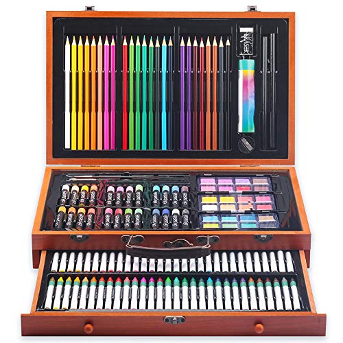 Dsik Set de Pintura 142 Piezas Elegante Maletín de Madera para Adultos Niños Profesionales Principiantes Artistas Estuche de Pintura, Tizas de óleo, Lápices de Carboncillo, Ceras