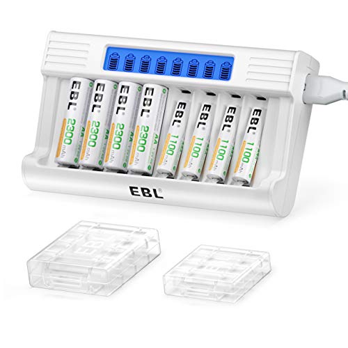 EBL Nuevo LCD Cargador Super Carga Rápida con 4 x AA 2300mAh y 4 x AAA 1100mAh Ni-MH Pilas Recargables, 8 Ranuras Independientes & Detección Automática EBL Nuevo LCD Cargador Super Carga Rápida con 4 x AA 2300mAh y 4 x AAA 1100mAh Ni-MH Pilas Recargables, 8 Ranuras Independientes & Detección Automática