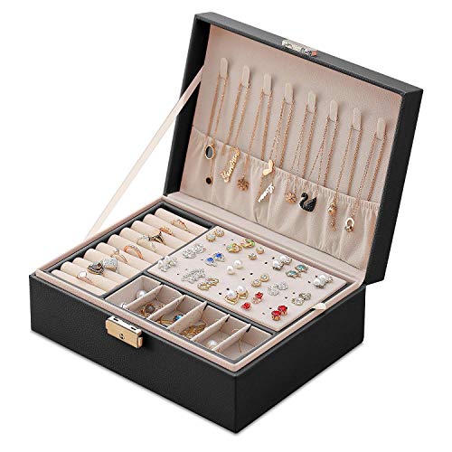 EKKONG Caja Joyero para Mujer, Caja de Joyas de Cuero con Cerradura 2 Capas Organizador Estuche Joyero de Viaje Joyero Pequeña Portátil Joyero para Pendientes Anillos Collares Almacenamiento (Black) EKKONG Caja Joyero para Mujer, Caja de Joyas de Cuero con Cerradura 2 Capas Organizador Estuche Joyero de Viaje Joyero Pequeña Portátil Joyero para Pendientes Anillos Collares Almacenamiento (Black)