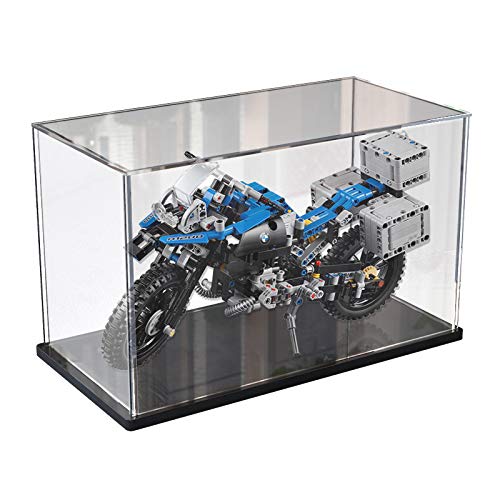 Elepure - Caja de cristal acrílico transparente para colección Lego – Figura mejorada – Caja de visualización antipolvo con base para modelo de moto ensamblada Lego (negro, 40 x 20 x 25 cm)