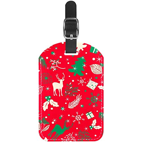 Etiquetas de equipaje de piel roja con hojas de árbol de Navidad y ciervo en una maleta de viaje de color rojo, 1 paquete