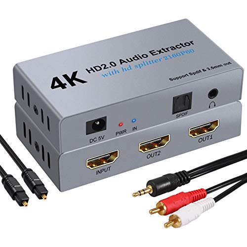 Extractor de Audio 4K@60Hz 3D DAC Adaptador HDMI a HDMI 2.0 HDCP 2.2 con 2 Salidas SPDIF Óptico Toslink YUV 4:4:4 Jack 3.5mm Convertidor HDMI a HDMI para PS3/4 Reproductor de BLU-Ray/DVD/PC/HDTV