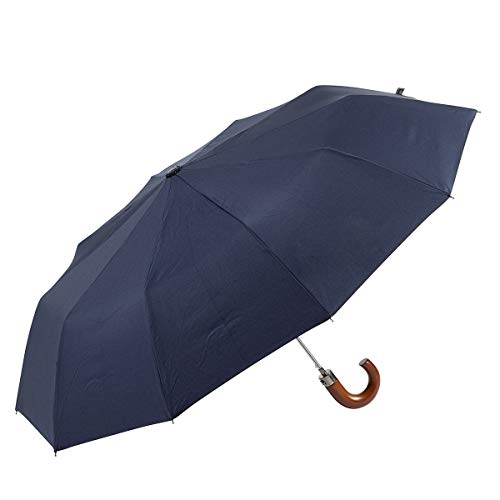 EZPELETA Paraguas Plegable de Hombre. Paraguas con Funda. Automático y con puño Curvo de Madera. Tejido Liso - Azul