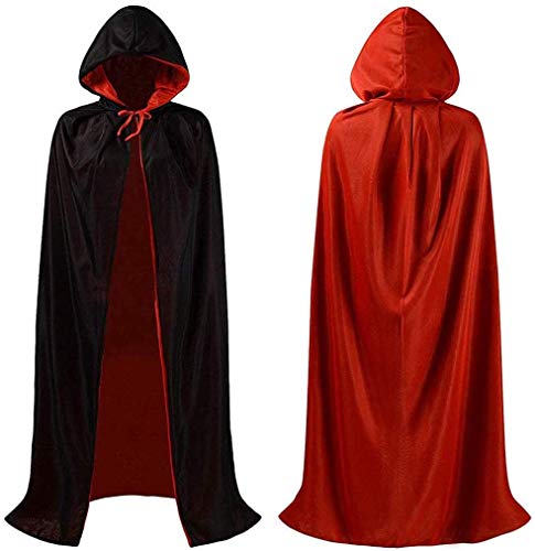 FANDE Capa de Halloween Negro, Capa de Vampiro de Halloween, Vampiro Capucha Capa Manto Reversible Negro Rojo para Adultos Halloween Dracula Cosplay 140 cm