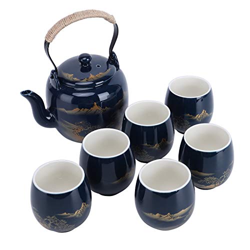 fanquare Juego de Té de Porcelana Vintage con Pintura de Paisaje, Servicio de Té Kungfu Hecho a Mano para Adultos, 1 Tetera con Infusor y 6 Tazas de Té