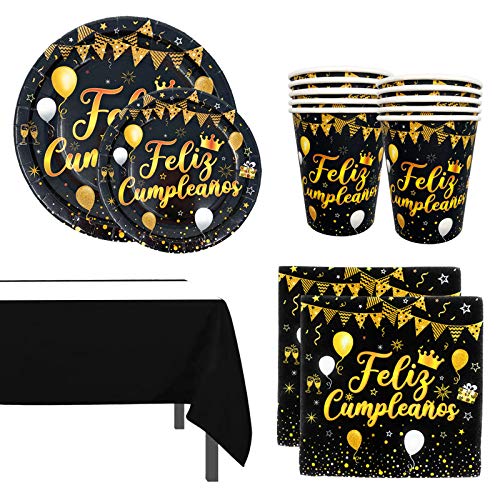 Fiesta Cotigo - Vajilla Desechable de Negro y Dorado para Fiesta Cumpleaños Suministro – Accesorios de Fiesta con Platos, Vasos, Servilletas, Cubiertos y Mantel para 16 invitados