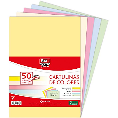 Fixo Paper 00001493 – Paquete de cartulinas de colores A4 – Surtido de colores claros, 50 unidades, 180g Fixo Paper 00001493 – Paquete de cartulinas de colores A4 – Surtido de colores claros, 50 unidades, 180g