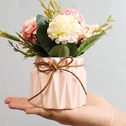 Flores artificiales de hortensias con jarrón de cerámica, flores artificiales de seda para plantas, bonsáis, flores falsas para bodas, hogar, fiesta, oficina, decoración de mesa (rosa)