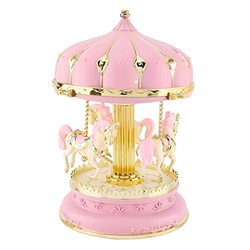 FTVOGUE Caja de Música Romántica de Tres Caballos con Carrusel Para Regalo de Cumpleaños de Aniversario Button Botón incorporado en la celda）(Pink)