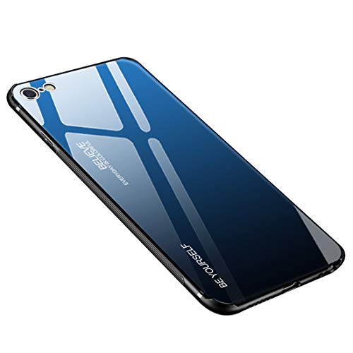 Funda iPhone 6 / 6S Plus, Borde de Silicona TPU Suave +Vidrio Templado Cubierta Trasera Case Gradiente de Color Resistente a los Arañazos para iPhone 6 / 6s (iPhone 6 Plus / 6S Plus, Azul + negro)