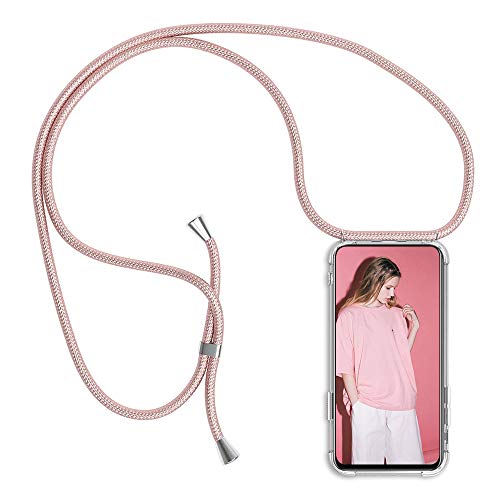 Funda para Xiaomi Redmi Note 9S, Transparente Silicona Carcasa con Cuerda para Redmi Note 9S, Rosyheart Suave TPU Gel Case con Cuerda para Colgar Ajustable Anti Golpes Protector Case - Oro Rosa