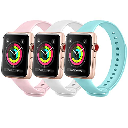 FUUI Correa Compatible con Apple Watch 38mm 42mm 40mm 44mm, Pulseras de Repuesto de Silicona Suave para iWatch Series 6 5 4 3 2 1 SE, Mujer y Hombre(3 Pack)(38mm/40mm S/M, Azul Claro/Blanco/Rosa)