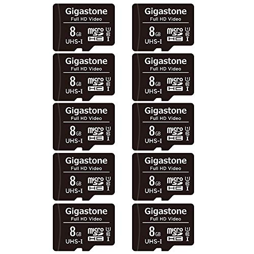 Gigastone Paquete de 10 tarjetas Micro SD de 8 GB, vídeo Full HD, cámara de seguridad de vigilancia Drone, 80 MB/s Micro SDHC UHS-I U1 C10 Clase 10