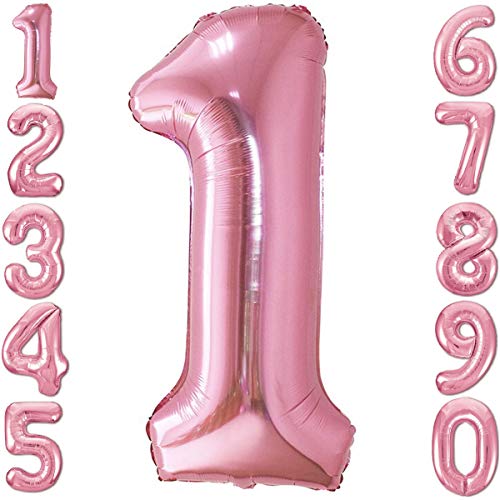 Globo 1 Año Niña Rosa, Número 1 XXL Globo Gigante de 100cm Decoración de cumpleaños para niña. Vuela con Helio