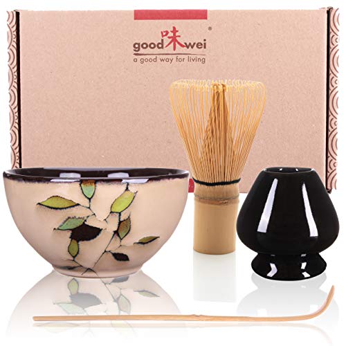 Goodwei Juego de té Matcha Premio - Cuenco Ceremonial, Batidor de Bambú y Soporte - Caja de Regalo (Bamboo, 80)