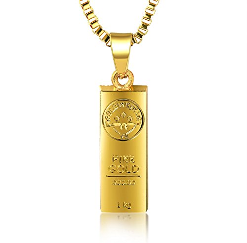 Halukakah - Collar con colgante para hombres, diseño de lingote de oro de 18 quilates con texto en inglés "In Gold We Trust" (incluye caja y cadena) Halukakah - Collar con colgante para hombres, diseño de lingote de oro de 18 quilates con texto en inglés "In Gold We Trust" (incluye caja y cadena)