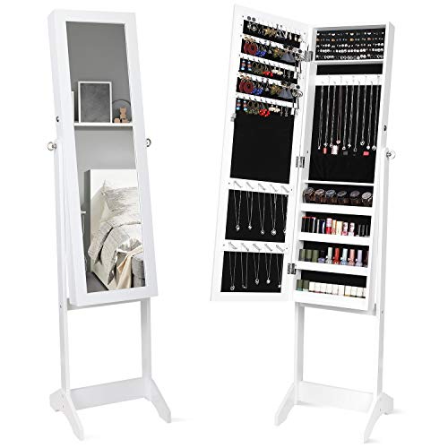 Homfa Espejo Joyero de Pie Armario para Joyas Organizador Joyas con Espejo Estantes Cerradura 3 Ángulo Ajustable Blanco Madera 36x36x152cm Homfa Espejo Joyero de Pie Armario para Joyas Organizador Joyas con Espejo Estantes Cerradura 3 Ángulo Ajustable Blanco Madera 36x36x152cm