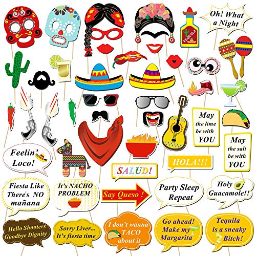 Howaf Fiesta Mexicana Photo Booth Props Cabina de Fotos Accesorios Photocall Gafas máscara Sombreros para Cinco de Mayo Mejicano Fiesta de cumpleaños Boda Carnaval decoración Suministros (56pcs)