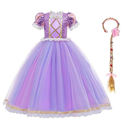 IDOPIP Disfraz de Princesa Rapunzel Niña Sofía Vestido Fiesta Carnaval Cosplay Halloween Costume para Chicas con Peluca Morado 08 7-8 Años