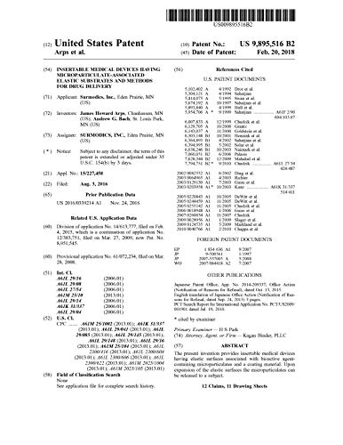 Insertable medical devices having microparticulate-associated elastic substrates and methods for drug delivery: United States Patent 9895516 (English Edition)