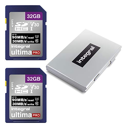 Integral - Juego de 2 Tarjetas SD de 32 GB con 6 Ranuras para Tarjetas de Metal - 4K Ultra HD Video Premium de Alta Velocidad hasta 100 MB/s de Velocidad de Lectura - SDHC V30 UHS-I U3 C10
