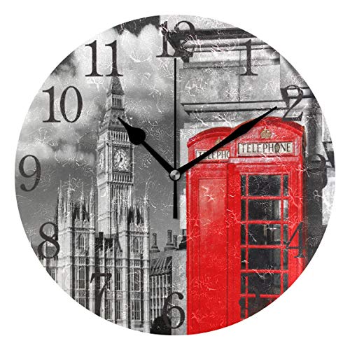 ISAOA Reloj de pared moderno de 9,5 pulgadas, silencioso, 1 cabina de teléfono rojo inglés con Big Ben en Londres, reloj de escritorio redondo para dormitorios, niños, sala de estar, cocina
