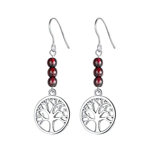 J.Endéar Pendientes para Mujer Árbol de la vida, Pendientes Plata 925 con Granate Para Mujer, Caja de Regalo de Marca J.Endéar Pendientes para Mujer Árbol de la vida, Pendientes Plata 925 con Granate Para Mujer, Caja de Regalo de Marca