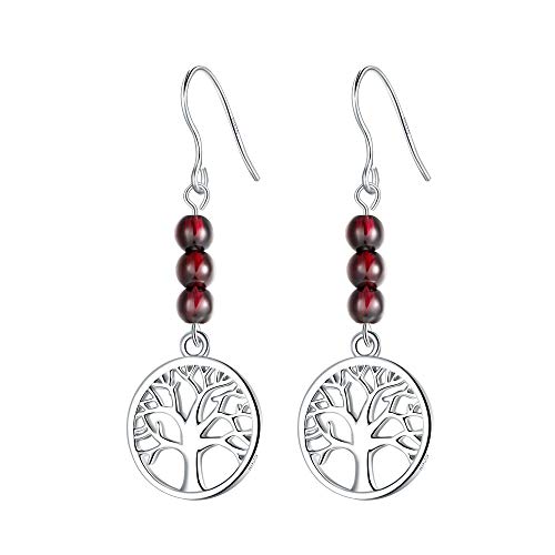 J.Endéar Pendientes para Mujer Árbol de la vida, Pendientes Plata 925 con Granate Para Mujer, Caja de Regalo de Marca