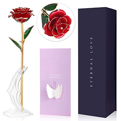 Joyhoop Rosa Eterna, Rosa Eterna Roja, Rosa Eterna Natural con Base Soporte y Tarjeta de Felicitación, Rosa de Cristal Regalos de San Valentin para Mujer, Rosa San Valentin.