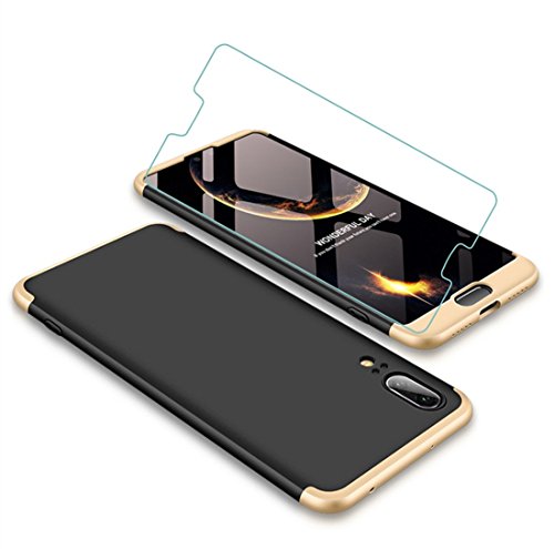 Joytag Funda Huawei P20 360 Grados Oro Negro Ultra Delgado Todo Incluido Caja del teléfono de la protección 3 en 1 PC Case + Protectora de película de Vidrio Templado Oro Negro