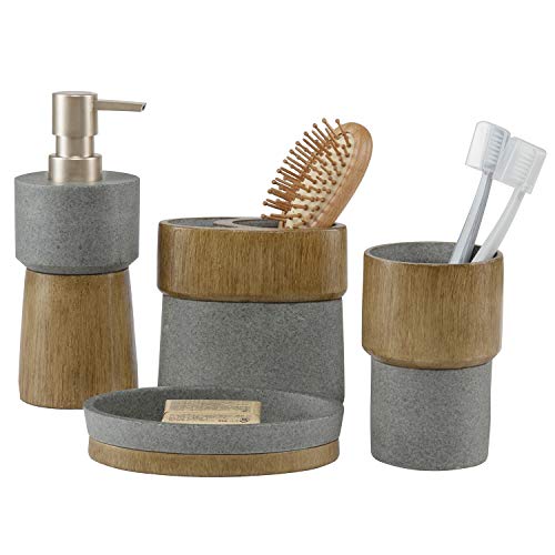 Juego de 4 Accesorios de Baño y Lavabo de Grava Natural Grano Madera con Bote Dosificador Jabon Liquido o Dispensador de Loción Jabonera Redonda Vasos Porta Cepillo de Dientes Marron+Gris