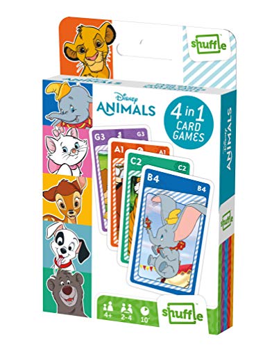 Juego de Cartas Shuffle Fun Disney Animals 4 en 1 - Baraja de Cartas con 4 Juegos de Snap, Familias, Parejas y Juego de Acción, Multicolor