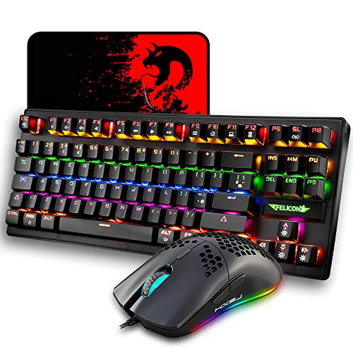 Juego de Teclado y Mouse para Juegos con Cable, diseño del Reino Unido, 88 Teclas, Teclado mecánico retroiluminado + Mouse retroiluminado con Cable + Alfombrillas de Mouse (Interruptor Azul, Negro) Juego de Teclado y Mouse para Juegos con Cable, diseño del Reino Unido, 88 Teclas, Teclado mecánico retroiluminado + Mouse retroiluminado con Cable + Alfombrillas de Mouse (Interruptor Azul, Negro)