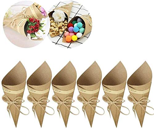 Killow 50 conos de papel kraft + 50 cuerdas + 50 pegatinas paquetes para caramelos, arroz, cajas para caramelos de boda