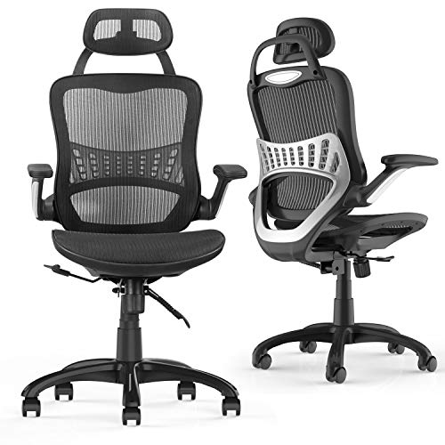 Komene - Silla de Oficina Ergonómica con Reposabrazos Abatibles, Altura Ajustable, Reposacabezas y Respaldo de Malla, Silla de Escritorio Giratoria Ejecutiva (Negro)