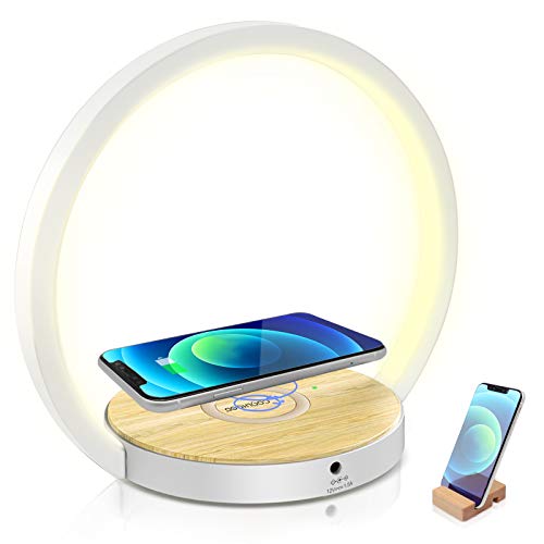 lamparas de mesita de noche, COOLHOOD Lampara de Mesa para el Cuidado de los ojos, Lampara LED con 10W Función de Carga Inalámbrica , 3 Niveles de Brillo, Control Táctil, Moderna Lampara para Leer